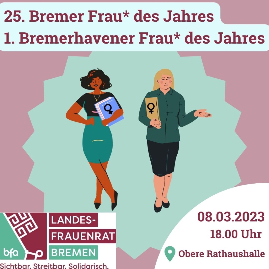 Design des Landesfrauenrats Bremen zur 25. Bremer und zur 1. Bremerhavener Frau* des Jahres 2023. Grafische Darstellung von zwei Frauen und dem Logo des bfa.