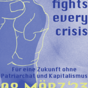 Plakat zur Demo unter dem Motto "Für eine Zukunft ohne Patriarchat und Kapitalismus" zum 8. März. Grafik, auf der eine Faust auf der linken Seite in die Höhe gereckt wird. Außerdem stehen Infos zur Veranstaltung auf der Grafik.