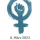 Logo zum Internationalen Frauentag in Bremerhaven. In der Mitte der Grafik ist das Symbol des Gleichstellungskampfs der Frauenbewegung zu sehen. Eine in die Höhe gereckte Faust inmitten des weiblichen Symbols.