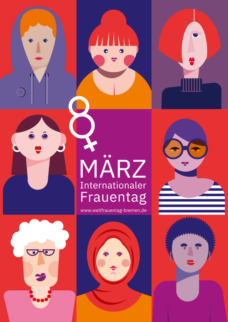 Titelbild des Weltfrauentag 2024: Illustration von acht verschiedenen Frauenköpfen
