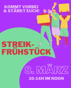 Lila-Grün gestaltetes Plakat für das Streikfrühstück im Noon